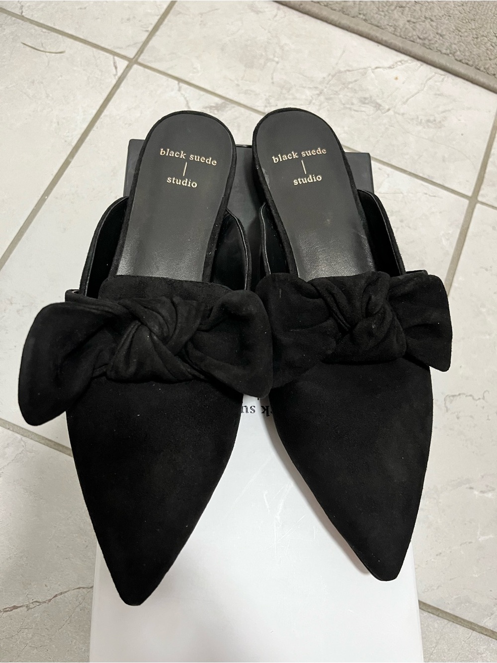 Black Suede Bow Pointed-Toe Slip-On Mules
